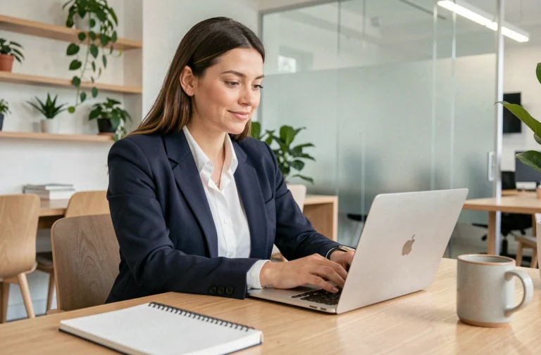 Femme en blazer marine qui envoie un email de contact depuis son bureau dans un espace de travail moderne