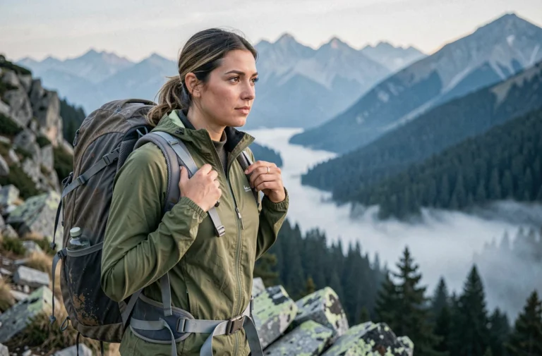 Femme ajustant son sac à dos de randonnée sur une crête rocheuse avec vue sur une forêt de pins et des sommets montagneux