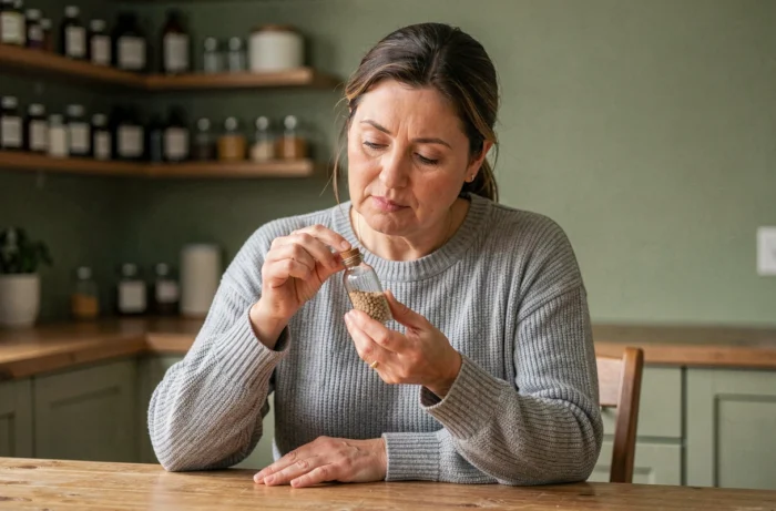 Femme examinant un flacon de granules homéopathiques après vaccination Covid