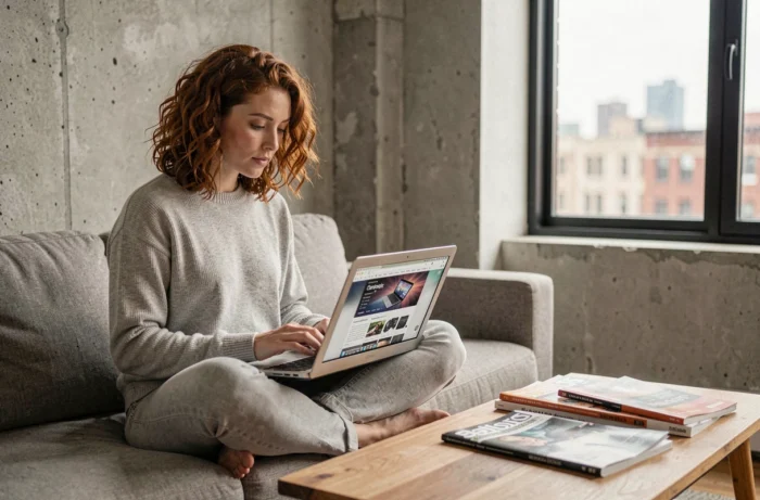 Femme consultant un guide web et high-tech sur son ordinateur portable dans un salon moderne