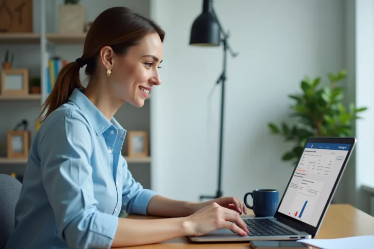 Femme accédant à son relevé de compte bancaire Crédit Agricole en ligne sur un ordinateur portable depuis son bureau à domicile