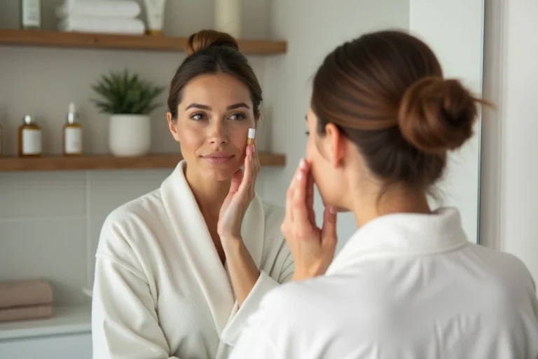 Femme appliquant un sérum sur son visage devant un miroir de salle de bain, routine beauté quotidienne