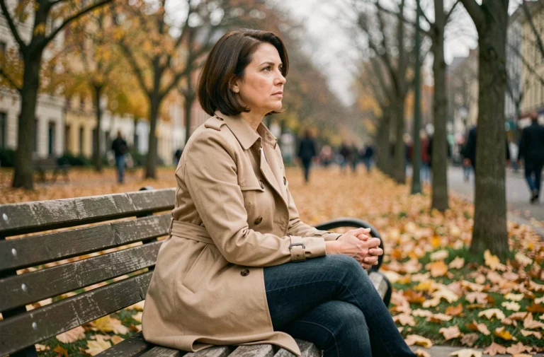 Femme seule assise sur un banc de parc en automne, expression pensive, illustrant une rupture amoureuse ou une pause dans un couple