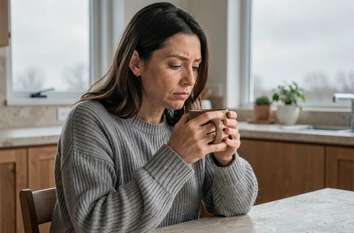 Femme songeuse tenant une tasse de café dans une cuisine moderne, expression mélancolique évoquant une rupture ou une période de réflexion sentimentale
