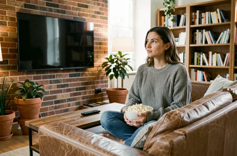 Jeune femme regardant un film en streaming sur son canapé avec un bol de popcorn