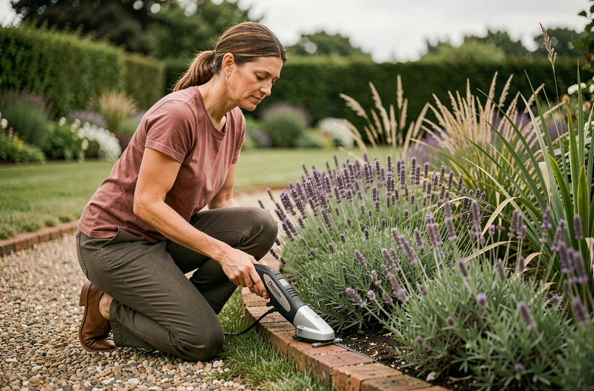 Femme utilisant un taille-bordure sans fil pour délimiter les contours d'un massif de lavande dans un jardin à l'anglaise