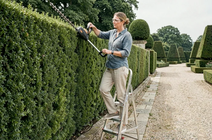 Femme sur un escabeau taillant le dessus d'une haie de buis avec un taille-haie électrique dans un jardin à la française
