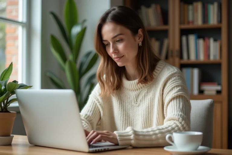 Femme travaillant à domicile sur son ordinateur portable dans un bureau aménagé à la maison