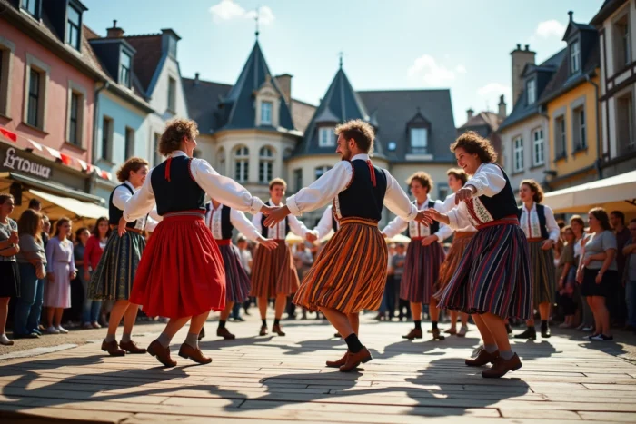 Danseurs en costumes bretons traditionnels lors d'un Fest-Noz animé sur une place de village en Bretagne