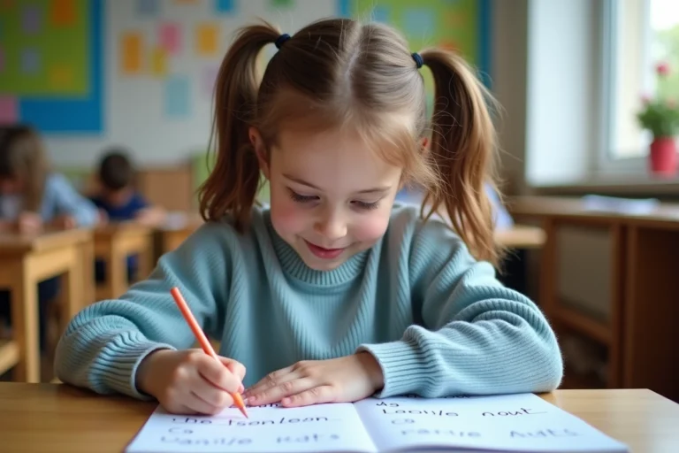 Petite fille en CE1 lisant une fiche de fluence imprimée à son bureau en classe
