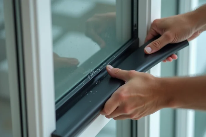 Mains appliquant un film opaque anti-chaleur sur une vitre de fenêtre avec une raclette pour bloquer la lumière