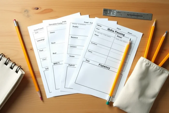 Vue de dessus de fiches de fluence CE1 imprimées posées sur un bureau scolaire en bois avec des fournitures