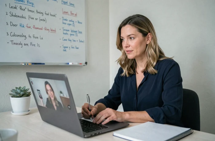 Femme suivant une formation juridique en ligne sur l'instruction en famille, prenant des notes devant son ordinateur portable dans un bureau à domicile