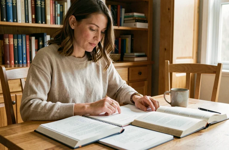 Mère étudiant des formations juridiques pour l'instruction en famille à la maison, entourée de livres de droit et de documents pédagogiques