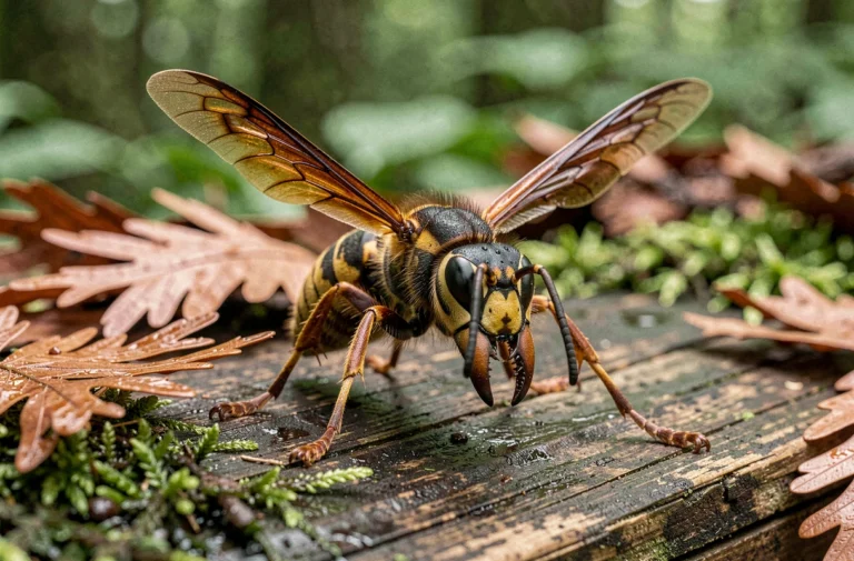 Frelon géant japonais (Vespa mandarinia) posé sur une surface en bois dans une forêt japonaise, détails macro de l'exosquelette et des ailes