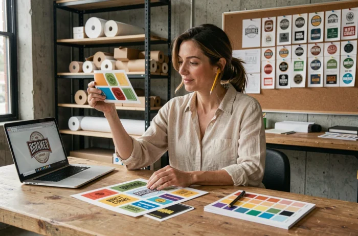 Graphiste inspectant des feuilles d'étiquettes autocollantes pour une brasserie artisanale dans un studio de design