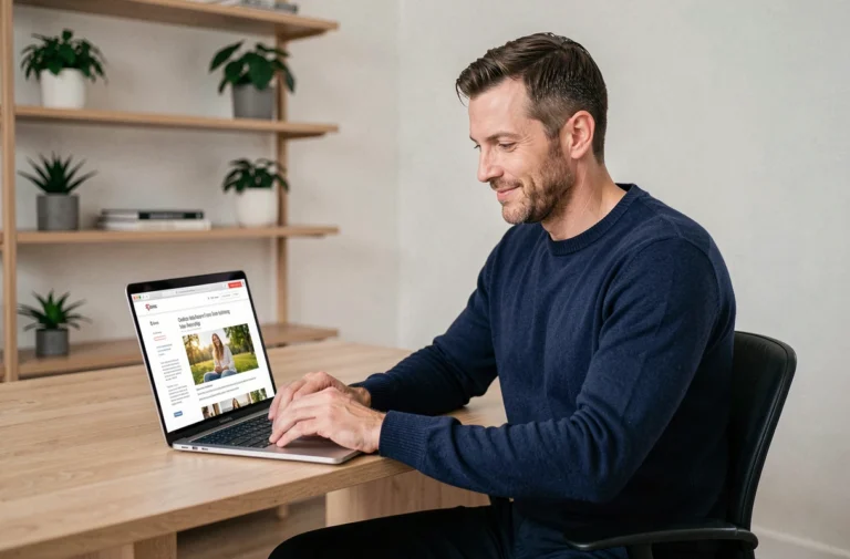 Homme élégant consultant les nouveautés et actualités sur un site lifestyle depuis son bureau moderne