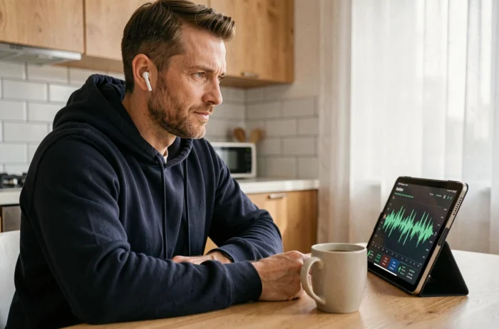Homme consultant les dernières actualités du secteur vocal sur une tablette dans une cuisine contemporaine lumineuse
