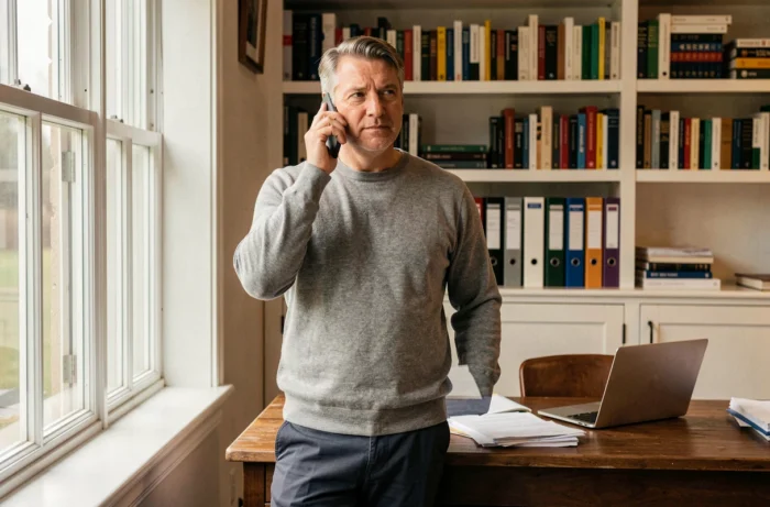 Homme en pull gris contactant l'équipe d'un site scolaire par téléphone depuis son bureau à domicile