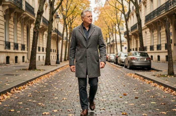 Homme aux cheveux argentés marchant sur un boulevard parisien pavé en automne, portant un manteau gris, atmosphère journalistique