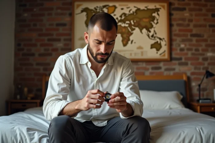 Homme assis sur le bord de son lit tenant une boussole pour déterminer l'orientation idéale pour dormir