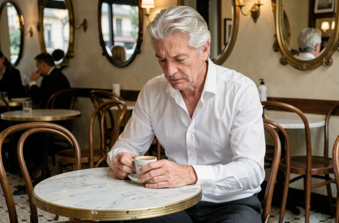 Homme aux cheveux gris en chemise blanche assis seul dans une brasserie parisienne, tenant un café espresso dans une atmosphère de discrétion et de réflexion