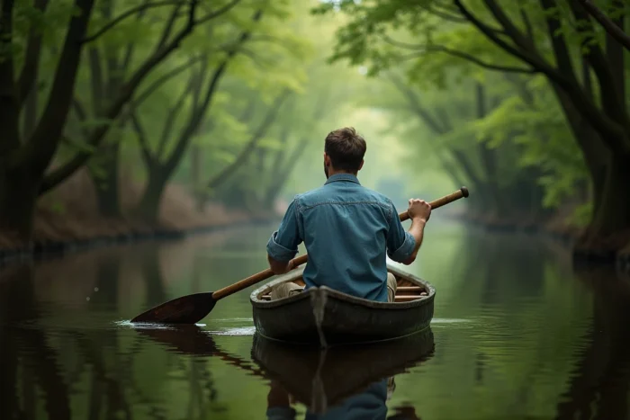 Homme en canoë traditionnel naviguant dans les canaux verdoyants du Marais Poitevin en France