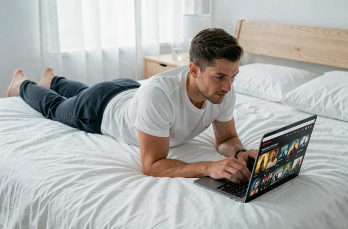 Homme parcourant un catalogue de streaming gratuit sur son ordinateur portable allongé sur son lit