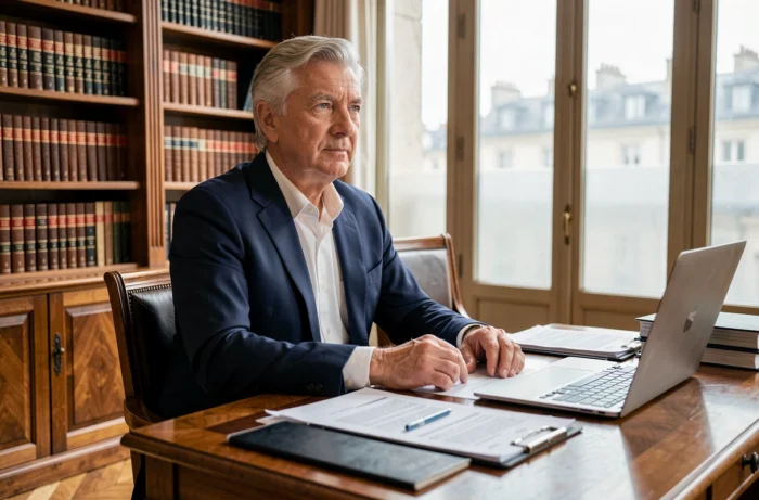 Portrait d'un homme distingué aux cheveux gris en costume marine, assis dans un bureau parisien classique entouré de documents financiers