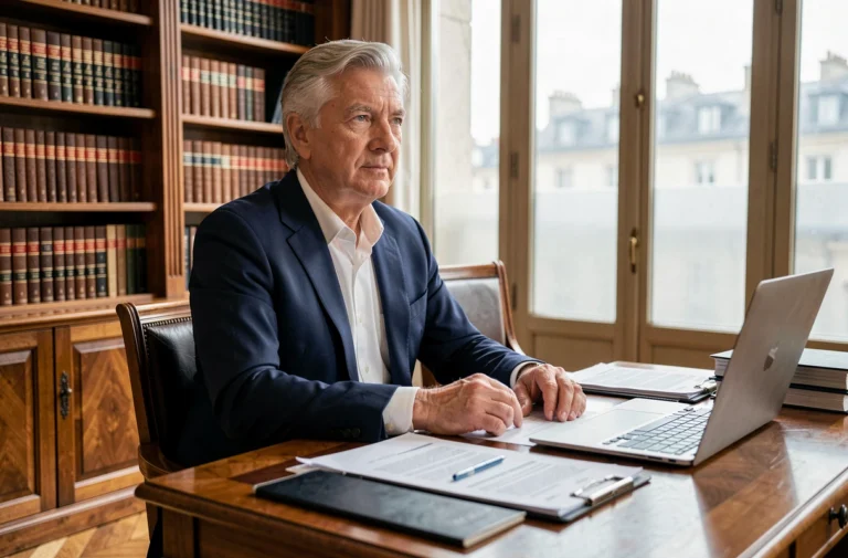 Portrait d'un homme distingué aux cheveux gris en costume marine, assis dans un bureau parisien classique entouré de documents financiers
