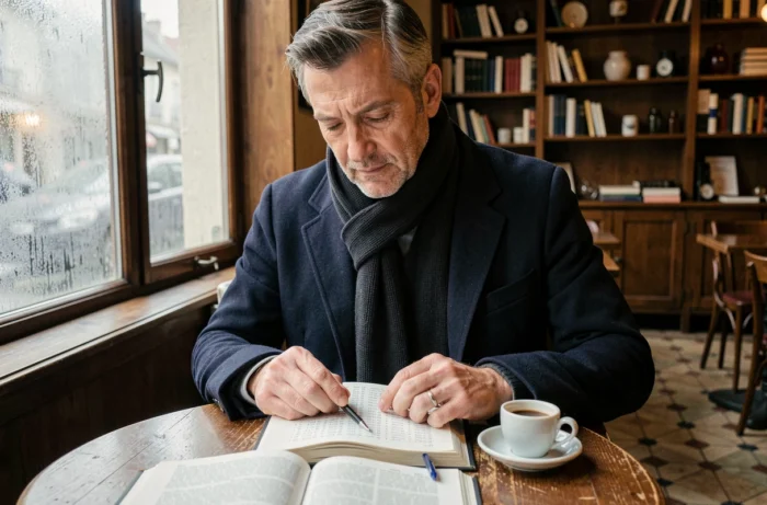 Homme d'âge mûr étudiant la conjugaison du verbe partir dans un manuel de grammaire française au café