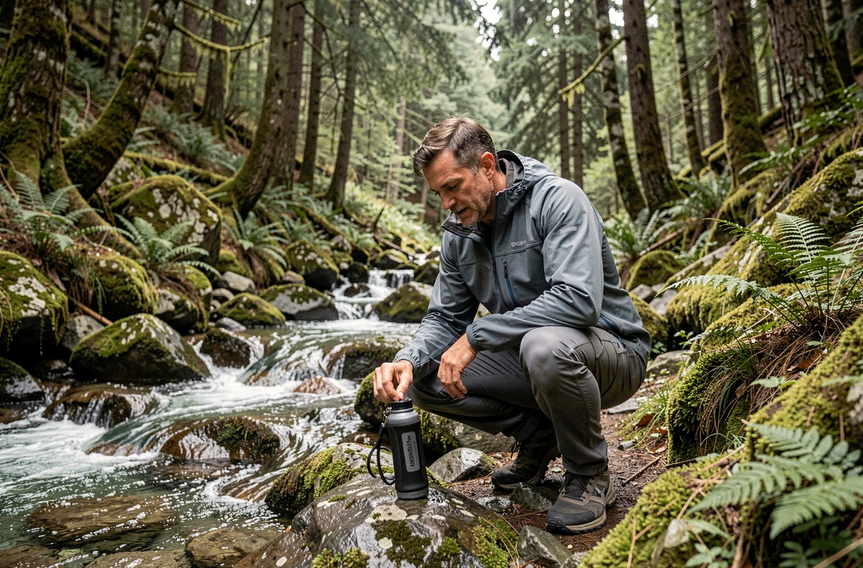 Homme en veste softshell remplissant une gourde filtrante au bord d'un ruisseau en forêt lors d'une randonnée outdoor
