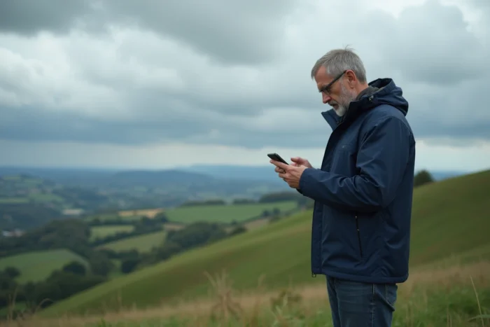 Homme vérifiant les prévisions météo sur son smartphone en pleine campagne française sous un ciel nuageux