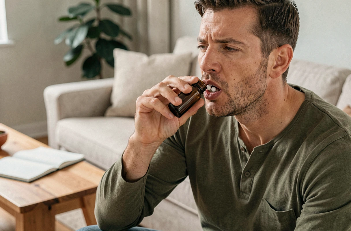 Homme prenant des granules homéopathiques à domicile pour soulager les effets post-vaccin Covid