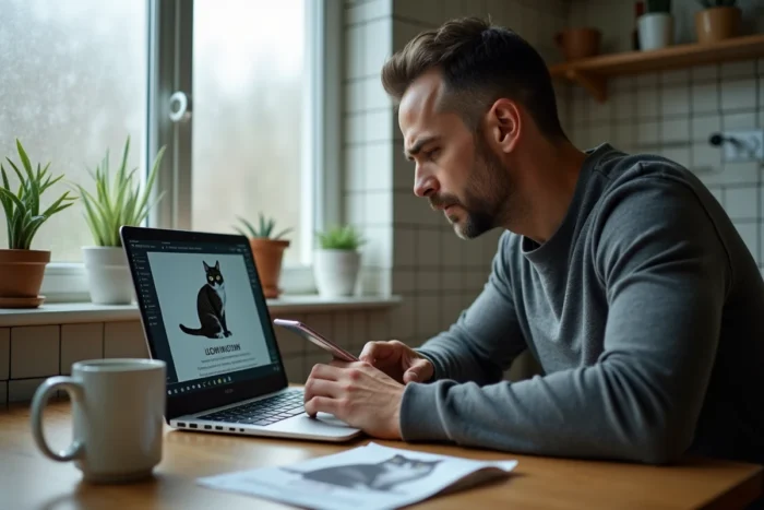 Homme recherchant son chat disparu sur internet depuis sa cuisine avec une affiche posée sur la table