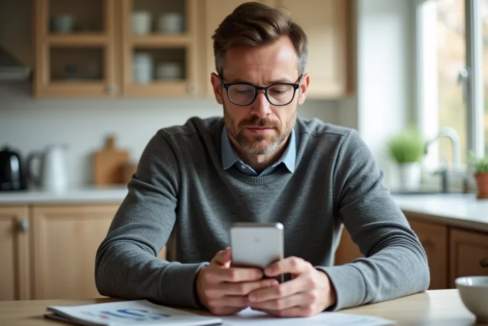 Homme consultant son relevé de compte Crédit Agricole sur l'application mobile bancaire depuis sa cuisine