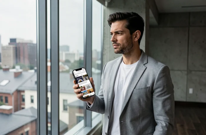 Homme moderne consultant les dernières actualités et tendances lifestyle sur smartphone dans un appartement urbain