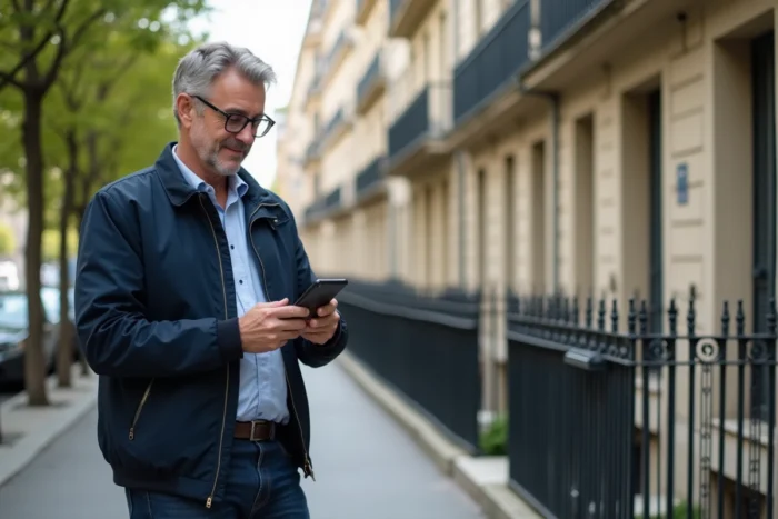 Homme comparant une annonce immobilière sur smartphone devant un immeuble en ville