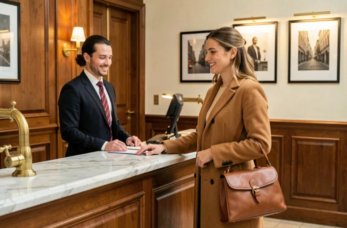 Femme élégante en train de s'enregistrer dans un hôtel boutique de Bruxelles avec un intérieur raffiné en bois et marbre
