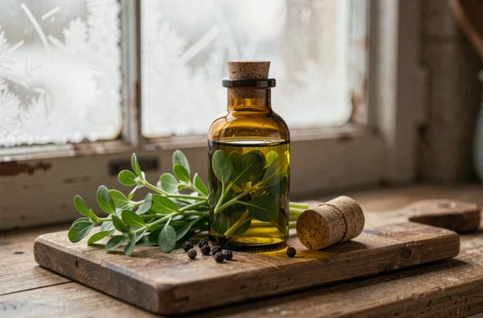 Bouteille d'huile aromatisée au pourpier avec des feuilles fraîches sur une planche en bois avec fenêtre givrée en arrière-plan