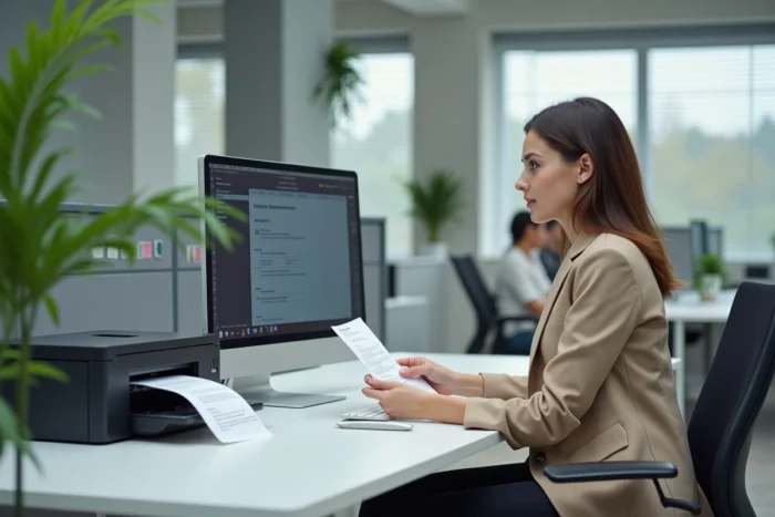 Femme imprimant un relevé de compte Crédit Agricole depuis un espace de bureau professionnel avec accès en ligne