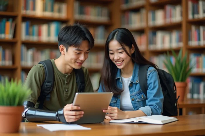 Jeune homme avec prothèse de bras aidant une adolescente à utiliser une tablette dans une bibliothèque publique, illustrant un comportement inclusif et solidaire au quotidien