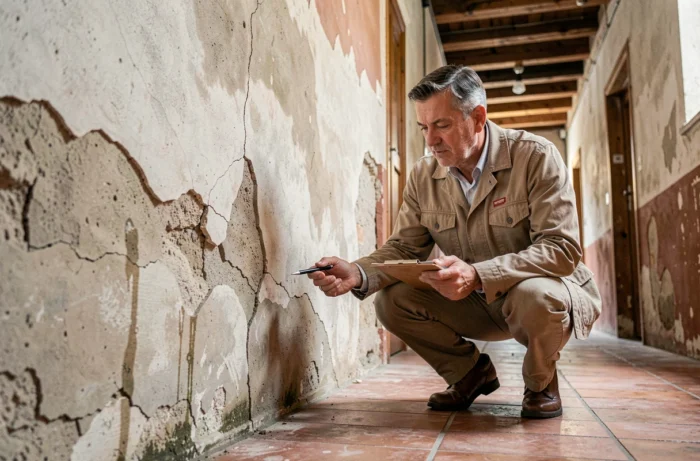 Expert immobilier inspectant des fissures et traces d'humidité dans un immeuble ancien de Lyon
