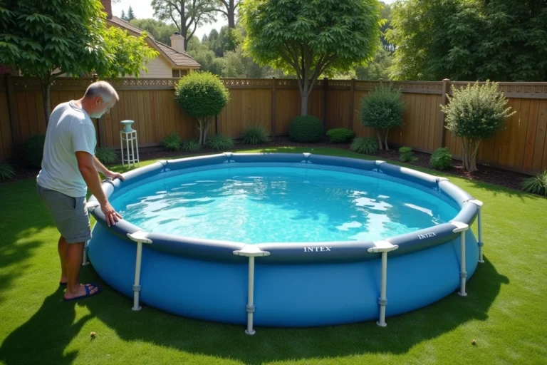 Installation complète d'une piscine Intex 58983 dans un jardin résidentiel avec gazon vert et clôture en bois