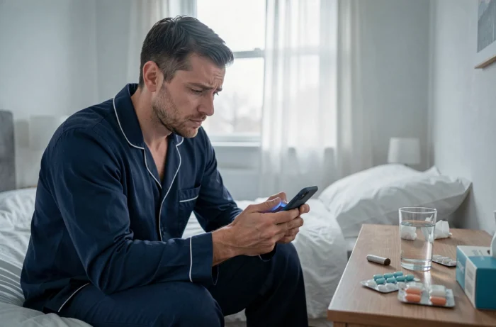 Homme en pyjama consultant son téléphone pendant une période d'isolement lié à la Covid, avec médicaments sur la table de chevet