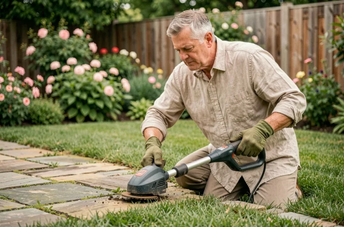 Jardinier utilisant un taille-bordure électrique sans fil pour délimiter les contours d'une pelouse le long d'un chemin en pierre