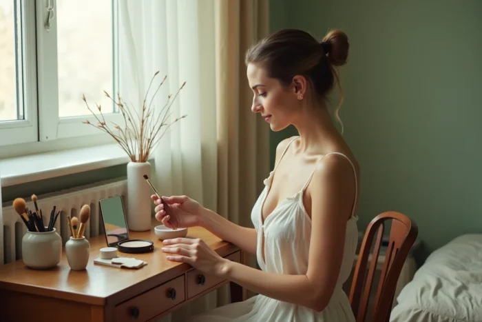 Jeune femme assise à une coiffeuse vintage entourée de produits de beauté et de pinceaux de maquillage
