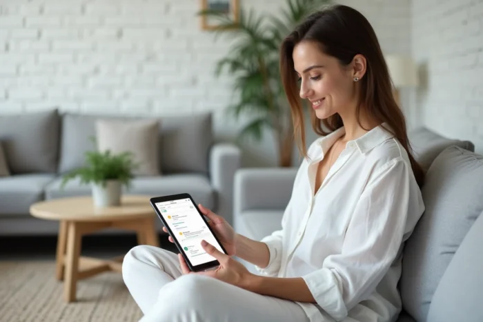 Jeune femme consultant ses emails Wanadoo sur une tablette numérique dans un salon moderne et minimaliste