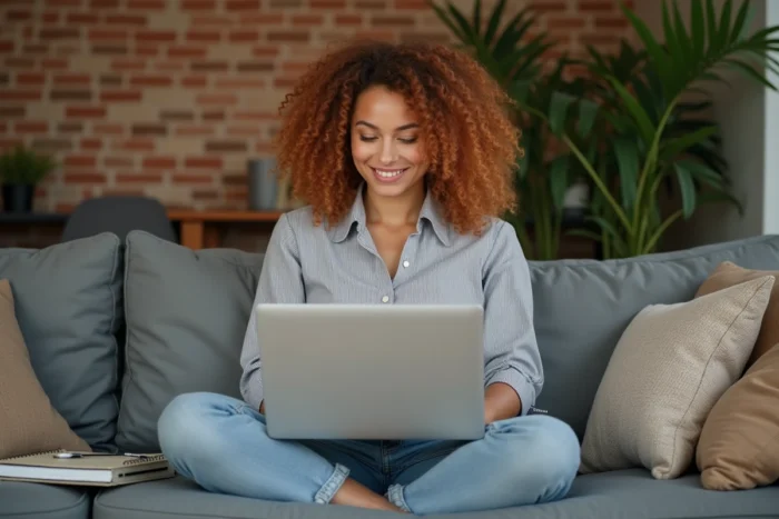 Jeune femme indépendante travaillant depuis son canapé avec un ordinateur portable pour un job à domicile