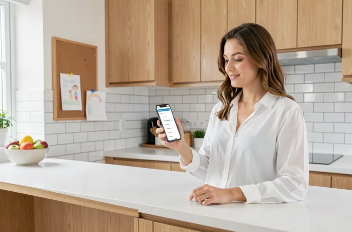 Jeune mère debout dans une cuisine moderne consultant le sitemap d'un blog parental sur son smartphone
